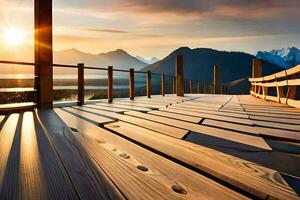 een houten loopbrug met de zon instelling over- bergen. ai-gegenereerd foto