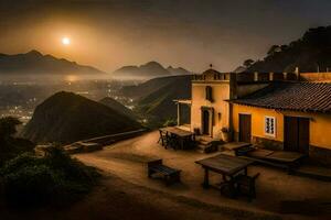 een huis in de bergen Bij zonsondergang. ai-gegenereerd foto