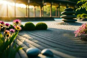 een zen tuin met stenen en bloemen. ai-gegenereerd foto