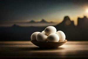 eieren in een kom Aan een tafel met een zonsondergang in de achtergrond. ai-gegenereerd foto