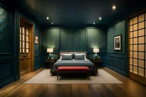 een slaapkamer met blauw muren en hout vloeren. ai-gegenereerd foto