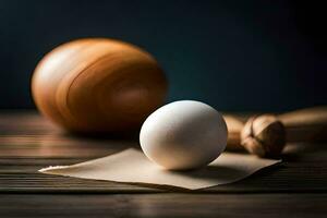 een ei en een houten rollend pin Aan een tafel. ai-gegenereerd foto