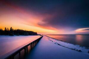 een pier in de sneeuw met een zonsondergang. ai-gegenereerd foto