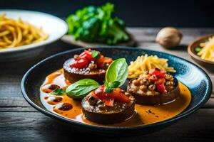 een bord van voedsel met pasta en groenten. ai-gegenereerd foto