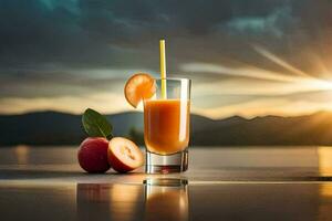 een glas van sap met een appel en een rietje. ai-gegenereerd foto