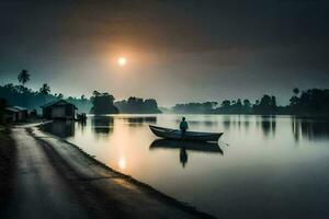 een Mens in een boot Aan de water Bij zonsopkomst. ai-gegenereerd foto