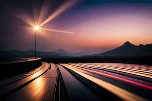 een lang blootstelling fotograaf van een snelweg Bij zonsondergang. ai-gegenereerd foto