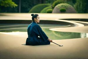 een vrouw in een kimono zittend Aan de grond in de buurt een vijver. ai-gegenereerd foto