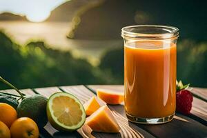 een glas van oranje sap Aan een tafel. ai-gegenereerd foto