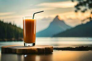 een glas van oranje sap Aan een houten tafel in voorkant van een meer. ai-gegenereerd foto