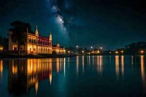 de melkachtig manier over- de meer Bij nacht. ai-gegenereerd foto