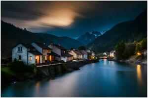 een rivier- in de bergen Bij nacht. ai-gegenereerd foto