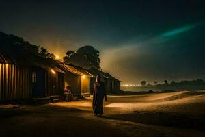een vrouw wandelingen naar beneden een aarde weg Bij nacht met een licht schijnend Aan haar. ai-gegenereerd foto