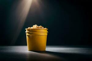 een emmer van popcorn Aan een donker tafel. ai-gegenereerd foto