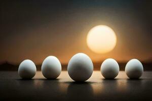 vijf eieren zijn bekleed omhoog in voorkant van een zonsondergang. ai-gegenereerd foto
