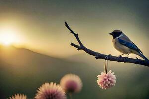 een vogel zit Aan een Afdeling met bloemen in de achtergrond. ai-gegenereerd foto