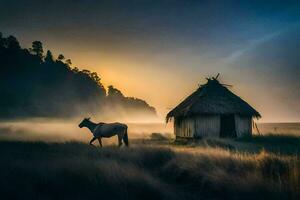 de paard is staand in voorkant van een hut in de de nevel. ai-gegenereerd foto