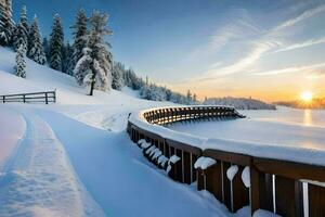 een houten brug over- een besneeuwd meer. ai-gegenereerd foto