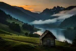 de cabine in de bossen, meer, bergen, mist, zonsondergang, natuur, hd behang. ai-gegenereerd foto