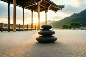 een stack van stenen in voorkant van een pagode Bij zonsondergang. ai-gegenereerd foto