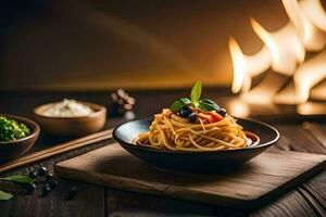 spaghetti in een kom met een houten tafel. ai-gegenereerd foto