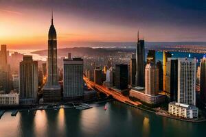 de stad horizon Bij zonsondergang in nieuw york. ai-gegenereerd foto