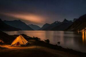 de tent is lit omhoog Bij nacht door de licht van de maan. ai-gegenereerd foto