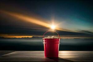 een rood emmer met popcorn Aan een houten tafel. ai-gegenereerd foto