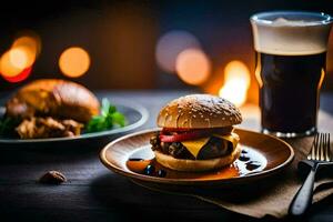 een hamburger en bier Aan een tafel. ai-gegenereerd foto