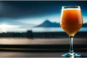 een glas van oranje bier zittend Aan een tafel. ai-gegenereerd foto
