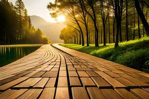 een houten loopbrug Leidt naar een meer in de midden- van een Woud. ai-gegenereerd foto