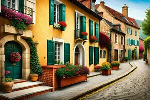 een straat met kleurrijk gebouwen en bloemen. ai-gegenereerd foto