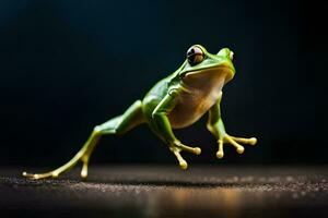 een kikker jumping Aan een donker achtergrond. ai-gegenereerd foto