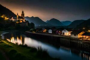 foto behang de lucht, bergen, rivier, dorp, kerk, kerk, kerk, de lucht. ai-gegenereerd