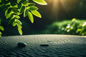 een zen tuin met stenen en bladeren. ai-gegenereerd foto