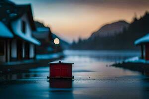 een klein rood huis zit Aan de water in voorkant van een besneeuwd berg. ai-gegenereerd foto