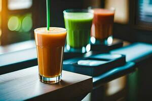 drie verschillend types van smoothies zitten Aan een tafel. ai-gegenereerd foto