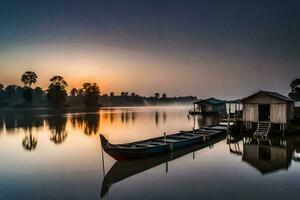 een boot zit Aan de water Bij zonsopkomst. ai-gegenereerd foto