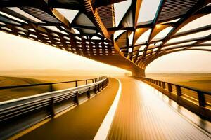 een lang brug met een auto het rijden Aan het. ai-gegenereerd foto