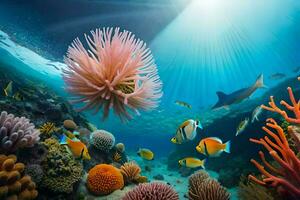 de zon schijnt over- een koraal rif met vis en een anemoon. ai-gegenereerd foto