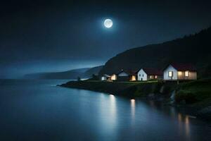 een maanlicht nacht met huizen Aan de oever. ai-gegenereerd foto