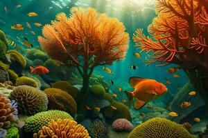 een onderwater- tafereel met koraal riffen en vis. ai-gegenereerd foto