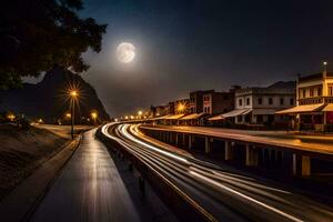 een lang blootstelling foto van een stad straat Bij nacht. ai-gegenereerd