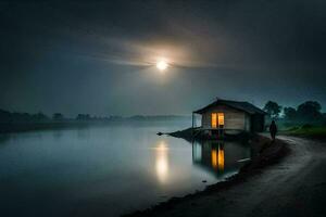 foto behang de maan, water, de meer, de huis, de maan, de meer,. ai-gegenereerd