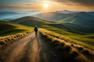 een Mens wandelingen Aan een aarde weg in de bergen. ai-gegenereerd foto