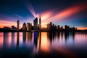 de stad horizon Bij zonsondergang in sjanghai. ai-gegenereerd foto