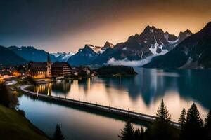 foto behang de lucht, bergen, meer, Zwitserland, de Alpen, meer lau. ai-gegenereerd