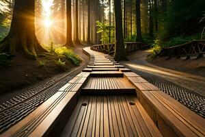 een houten loopbrug in de Woud met de zon schijnt. ai-gegenereerd foto