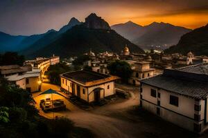 een dorp Bij zonsondergang met bergen in de achtergrond. ai-gegenereerd foto