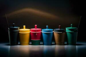 een rij van kleurrijk plastic cups met deksels. ai-gegenereerd foto